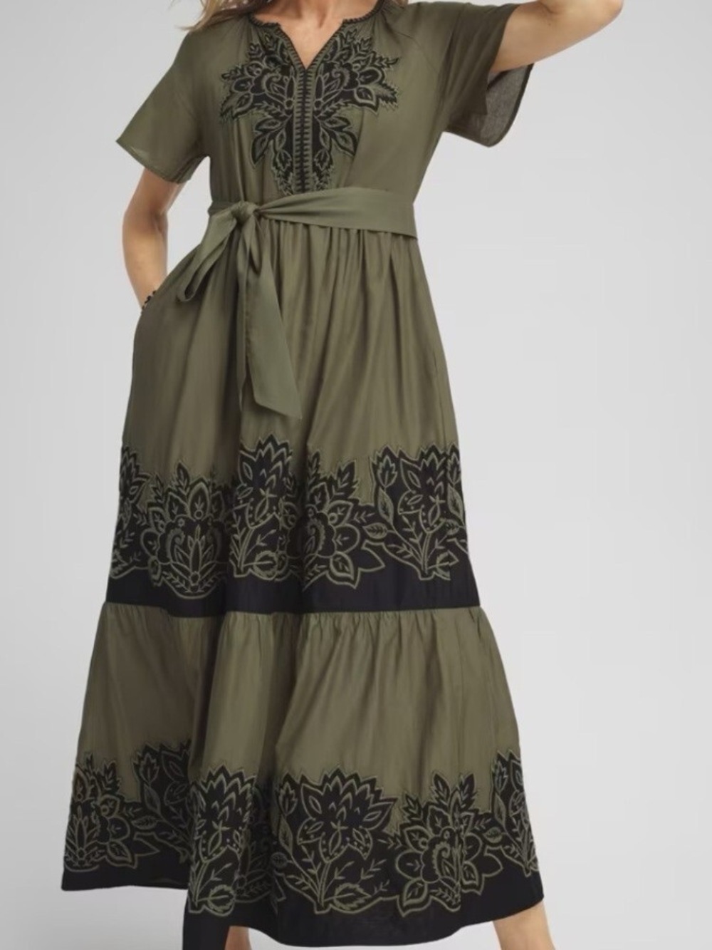Chico’s Cotton Floral Embroidered Tiered Maxi Dress Olive Green 0/4